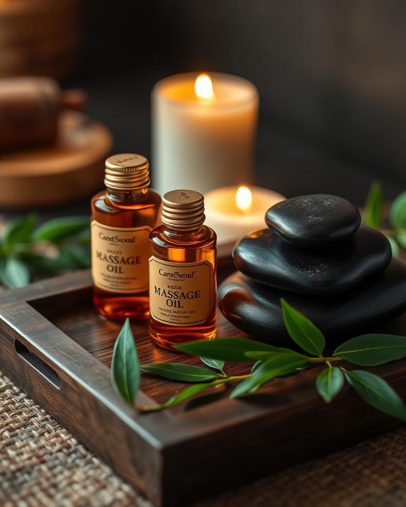 Aromatic massage oils and warm stones on a wooden tray